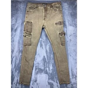 Serenede Mens 36 Fitted Denim Cargo Pants Washed Tan Khaki Streetwear Slim Fit‎
